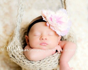 Knitted Hanging Basket photography prop for those special little ones shown in oatmeal and pink