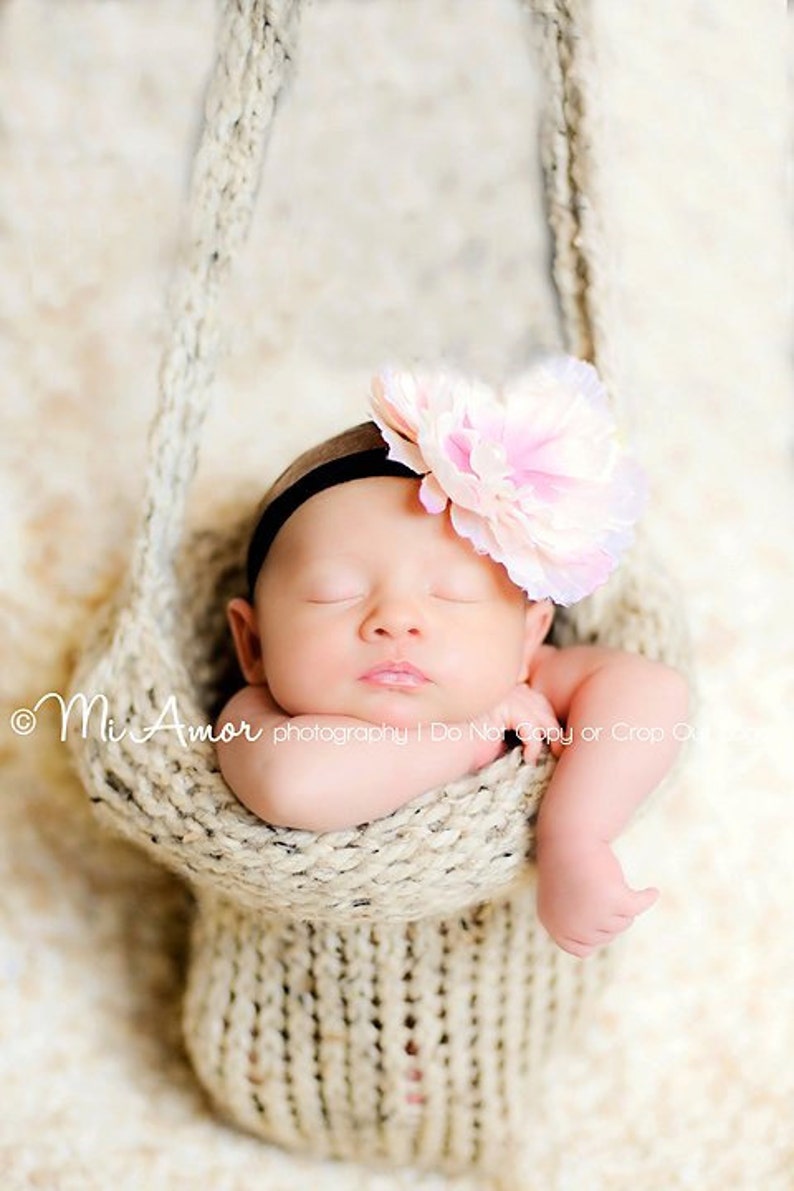 Knitted Hanging Basket photography prop for those special little ones shown in oatmeal and pink image 1
