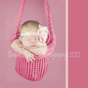 Knitted Hanging Basket photography prop for those special little ones shown in oatmeal and pink image 3