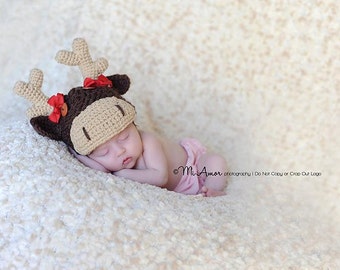 Big hearted moose ready for some moose moss Newborn hat with removable bow and cute button eyes 0-3month
