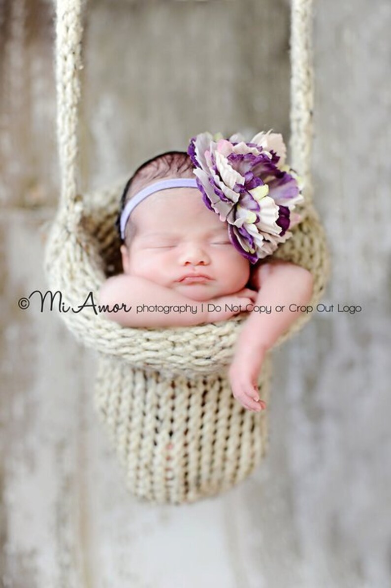 Knitted Hanging Basket photography prop for those special little ones shown in oatmeal and pink image 2