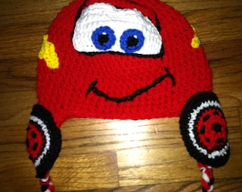 Crochet Race car hat with earflaps and side tassels 0-toddler