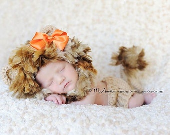 Circle of life baby lion bonnet hat with adjustable chin strap diaper cover tail and removable bow- Newborn size