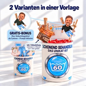 Könnte beinhalten: Zwei weiße zylindrische Behälter im Waschmaschinen-Design mit dem Text SCHONEND BEHANDELN DAS UNIKAT IST und einem blauen 60-Symbol. Ein Behälter zeigt eine Cartoon-Figur, die mit Holzklammern an einer Schnur befestigt ist.