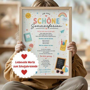 May include: A framed print featuring the German text SCHÖNE Sommerferien, surrounded by colorful illustrations of a sun, rainbow, ice cream, pencils, and a chalkboard. The design includes hearts, stars, and motivational text in German.