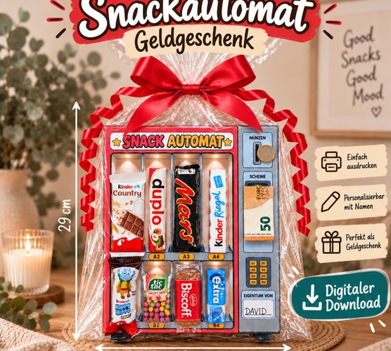 Snack Vending Machine Money Gift Template PDF — Printable Capsule Vending Machine Birthday Gift