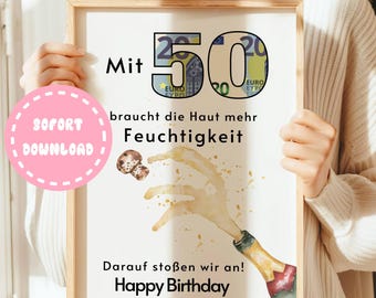 Cadeau en espèces 50e anniversaire Carte d'anniversaire argent 50e anniversaire Cadeau d'anniversaire toast Idée cadeau à imprimer Emballage argent