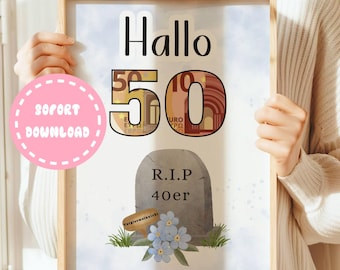 Cadeau d'anniversaire 50 ans | Cadeau d'anniversaire 50 ans | Carte d'anniversaire 50 ans | Idée cadeau imprimable RIP 40 | Emballage d'argent |
