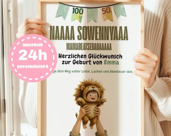 Personalized money gift for a newborn, lion jungle design, baby money gift, gift idea for birth or christening, birth announcement card for a boy or girl, name