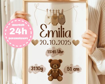 Birth poster teddy bear personalized, birth board BOHO, birth date poster, gift for birth, gift idea for birth, birth announcement