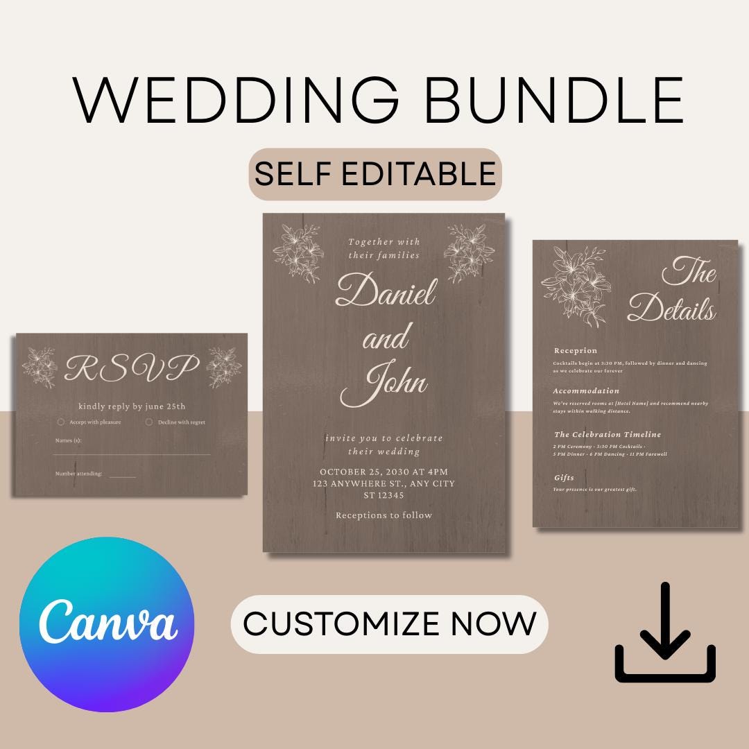 Rustic Wedding Invitation Bundle: Self Editable Wedding Invitation ...
