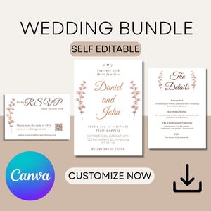 Peut inclure: Un ensemble de mariage avec une palette de couleurs douces et neutres. Le design comprend une invitation, une carte de réponse et une carte de détails. L'invitation présente les noms "Daniel et John" et les détails de l'événement.