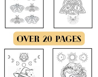 May include: Black and white line art illustrations on white backgrounds. The images include moths, mystical symbols, a witch, and a woman with a cat. The text "OVER 20 PAGES" is in a gold rectangle. The illustrations are suitable for coloring.