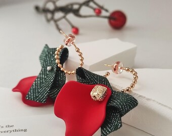 Christmas Bow Earrings Red Green Festive Winter Statement Gold Dangle