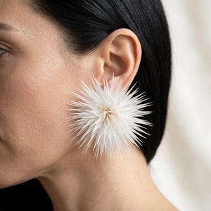 May include: A large, circular stud earring featuring a dense, radial arrangement of thin, pointed white spikes that extend outwards from a central point, creating a spherical, starburst-like silhouette against the earlobe.