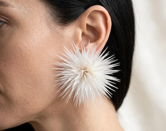 White Feather Earrings  Women Handmade, Statement Bridal Stud Earrings, Couture Runway Pom Earrings, Lightweight Gold