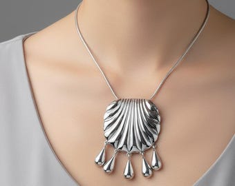 Silver Large Shell Pendant Necklace With chain, Tassel Water Drop Pendant
