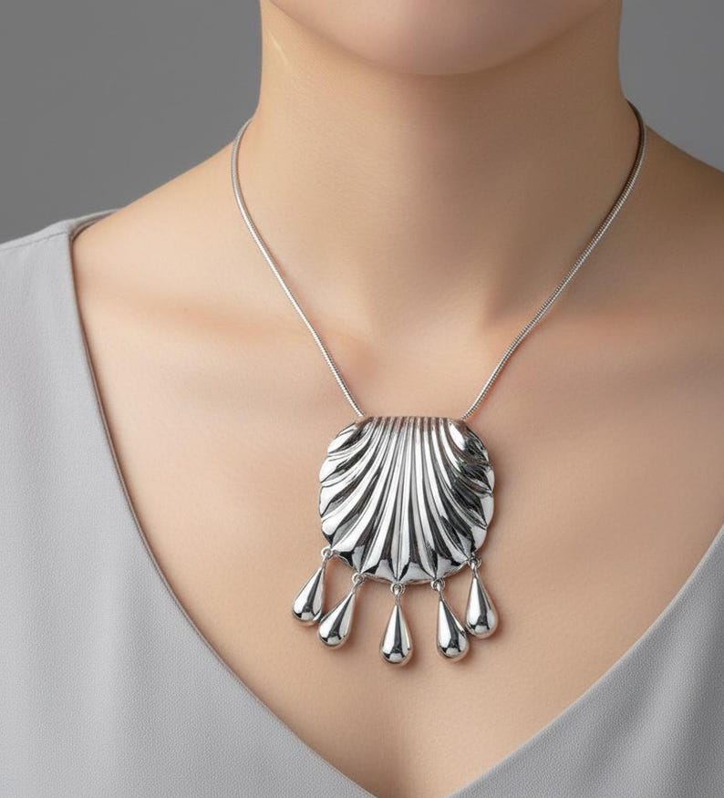 Silver Large Shell Pendant Necklace With chain, Tassel Water Drop Pendant image 1