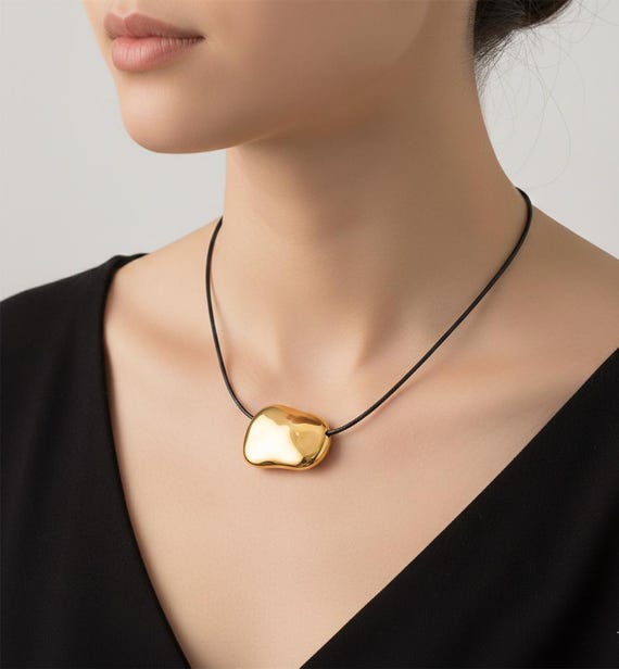Large Bean Necklace – Gold or Silver Cord Pendant, High Polish