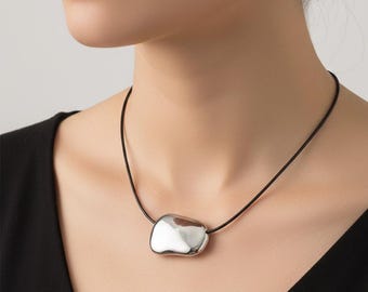 Large Bean Necklace – Gold or Silver Cord Pendant, High Polish Finish, Adjustable Black Cord