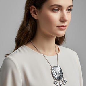 Silver Large Shell Pendant Necklace With chain, Tassel Water Drop Pendant image 3