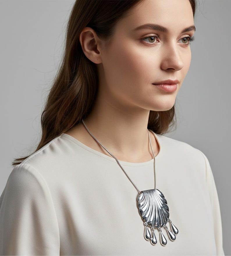Silver Large Shell Pendant Necklace With chain, Tassel Water Drop Pendant image 3