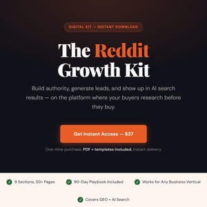 May include: Digital kit advertisement for "The Reddit Growth Kit." The title is in large white font with "Reddit" in orange. The ad promises to help build authority, generate leads, and appear in AI search results. Includes a call to action button.