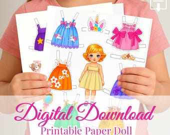 Könnte beinhalten: Blätter mit ausdruckbaren Papierpuppen mit einer Puppe und verschiedenen Outfits. Die Outfits umfassen Kleider in Blau, Rosa, Orange und Grün sowie Accessoires wie ein Einhorn-Kopfschmuck und eine Krone. Der Text "Digital Download Printable Paper Doll" wird angezeigt.