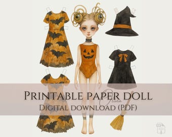 Watercolor Halloween Paper Doll Printable Cut Out Set PDF