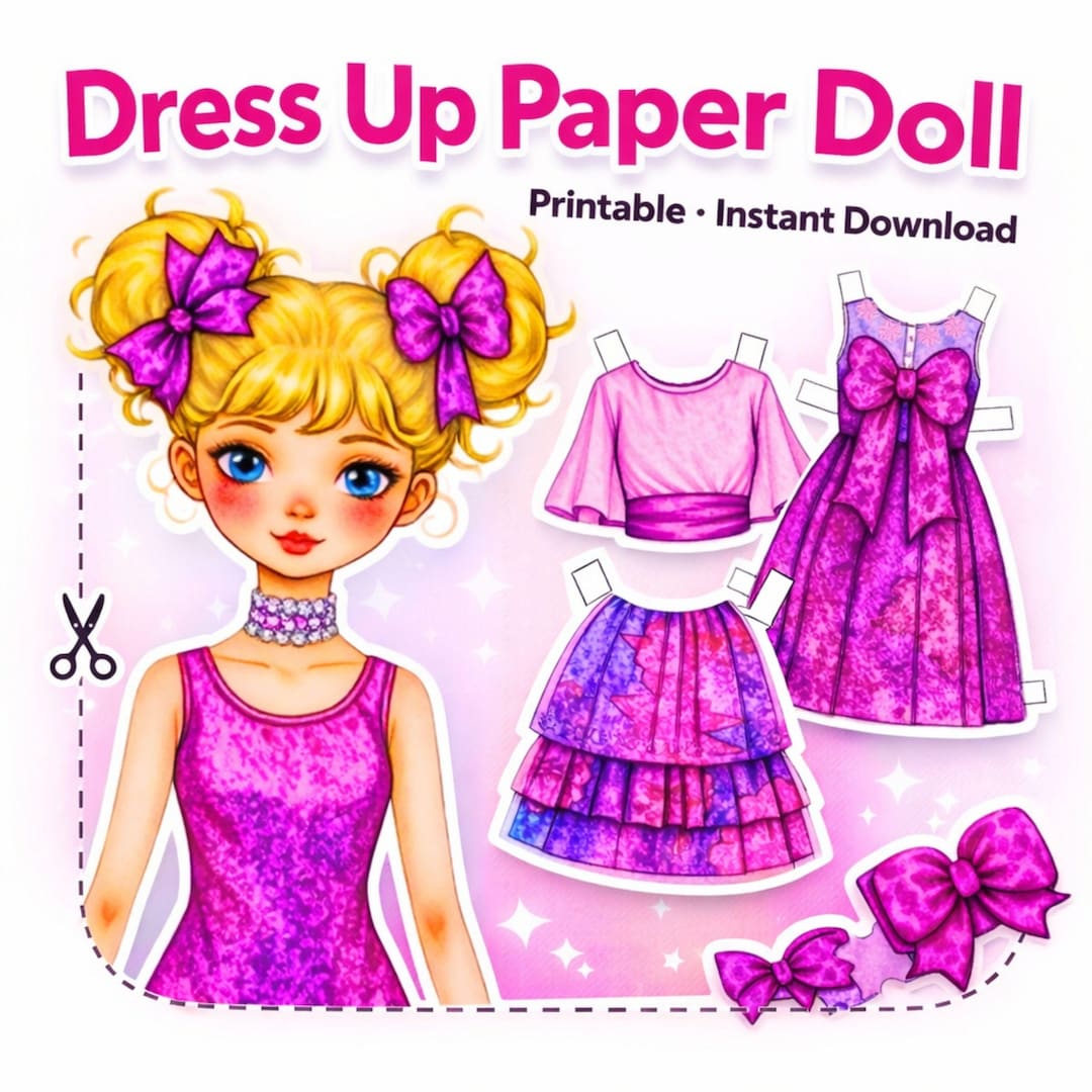 Printable Paper Doll Dress up Set, Pink Doll Clothes, Kids Activity ...
