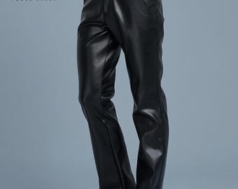 Men's Black Genuine Leather Pants, Straight Leg Biker Trousers, Minimalist Streetwear Bottoms