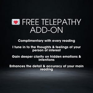 May include: A graphic with the text "FREE TELEPATHY ADD-ON" and a heart-shaped envelope icon. The text below describes the benefits of the add-on, including clarity on emotions and intentions, and enhanced reading accuracy.