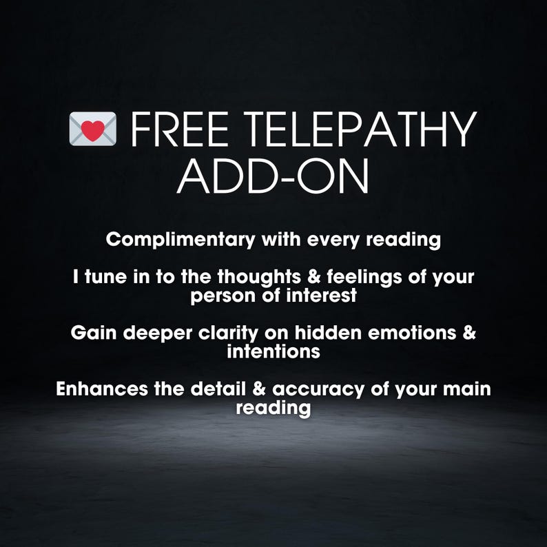 May include: A graphic with the text "FREE TELEPATHY ADD-ON" and a heart-shaped envelope icon. The text below describes the benefits of the add-on, including clarity on emotions and intentions, and enhanced reading accuracy.