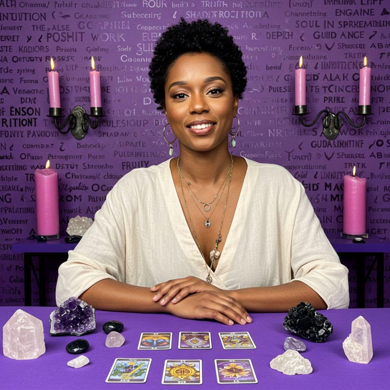 May include: A woman sits at a purple table with tarot cards, crystals, and lit candles. She wears layered necklaces and a cream-colored top. The background is a purple wall with white text. The scene suggests a spiritual or mystical theme.