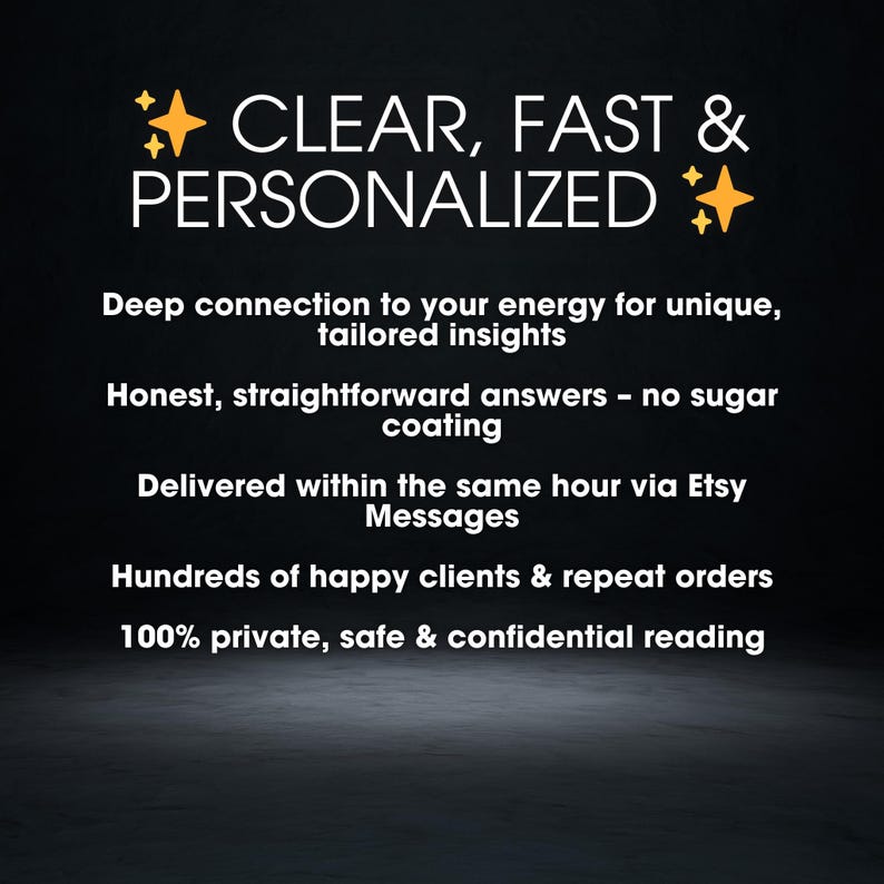 May include: A dark background with white text that reads "CLEAR, FAST & PERSONALIZED." Additional text describes unique insights, honest answers, same-hour delivery via Etsy Messages, and private readings.