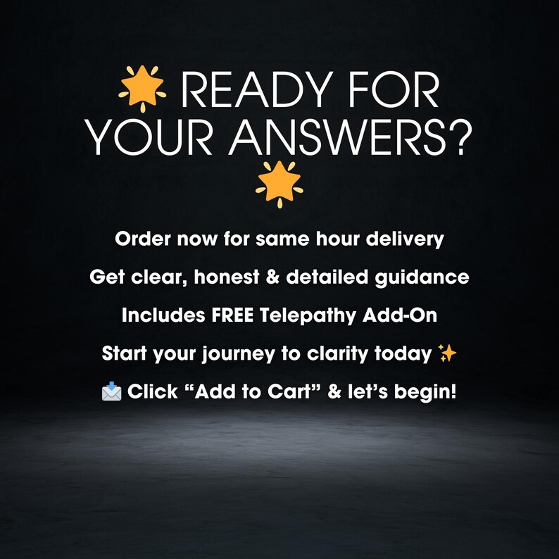 May include: Black background with white text that reads "READY FOR YOUR ANSWERS?" and a gold star graphic. Additional text includes "Order now for same hour delivery" and "Click 'Add to Cart' & let's begin!"