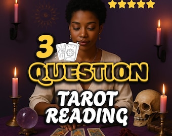 以下が含まれることがあります： タロットリーディングサービスを宣伝する画像。「3 QUESTION TAROT READING」の文字が黄色と黒で表示されています。女性がタロットカード、ろうそく、クリスタルボール、頭蓋骨のあるテーブルに座っています。背景は紫です。