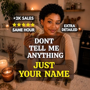 May include: A person with short dark curly hair wearing a beige long-sleeved top, holding tarot cards. Text overlays read +2K SALES, SAME HOUR, EXTRA DETAILED, and DONT TELL ME ANYTHING JUST YOUR NAME. Candles and dried flowers are on the table.