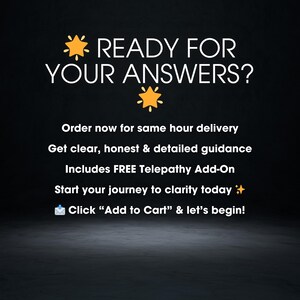 May include: Black background with white text that reads "READY FOR YOUR ANSWERS?" and a gold star graphic. Additional text includes "Order now for same hour delivery" and "Click 'Add to Cart' & let's begin!"