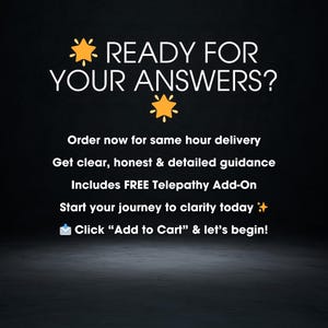 May include: Black background with white text that reads "READY FOR YOUR ANSWERS?" with a star graphic. Additional text includes "Order now for same hour delivery" and "Click 'Add to Cart' & let's begin!"