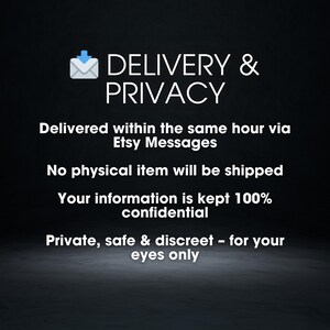 May include: A graphic with the words "DELIVERY & PRIVACY" and additional text. The text states that delivery is within the hour via Etsy Messages, no physical item is shipped, and information is kept confidential.