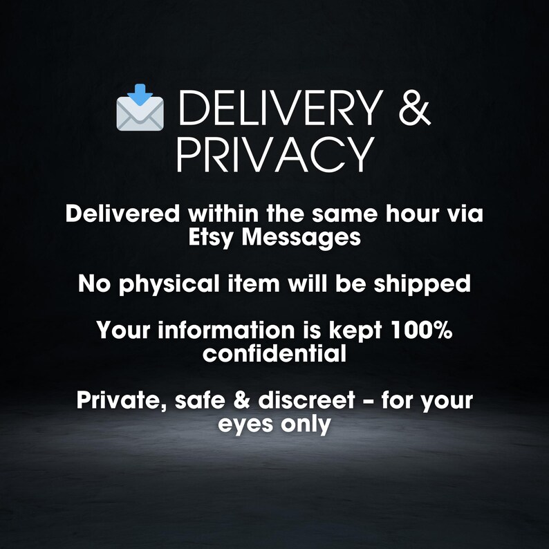 May include: A graphic with the words "DELIVERY & PRIVACY" and additional text. The text states that delivery is within the hour via Etsy Messages, no physical item is shipped, and information is kept confidential.