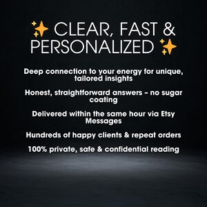 May include: A dark background with white text that reads "CLEAR, FAST & PERSONALIZED." Additional text describes unique insights, honest answers, same-hour delivery via Etsy Messages, and private readings.