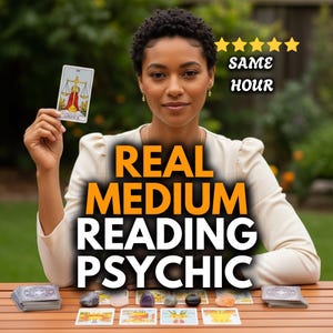 May include: A woman holding a tarot card with the word "Justice" on it. The image has the words "Real Medium Reading Psychic" in large orange letters. The words "Same Hour" are also visible, along with five gold stars.