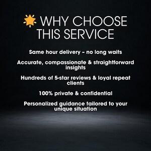 May include: Image with the text "WHY CHOOSE THIS SERVICE" and bullet points: Same hour delivery, accurate insights, hundreds of 5-star reviews, 100% private, and personalized guidance. The background is dark with a gradient.
