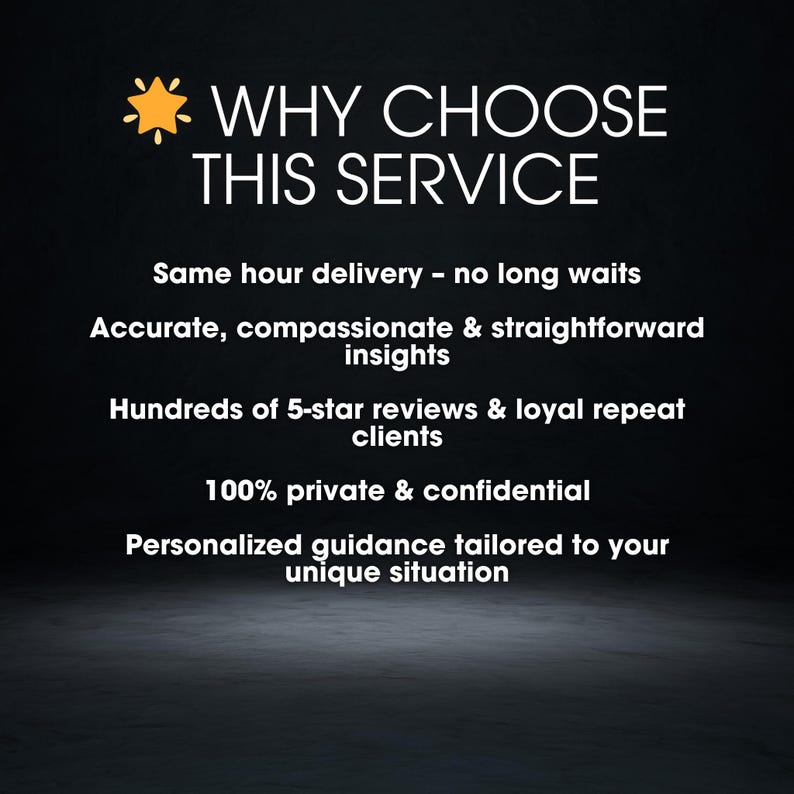 May include: Image with the text "WHY CHOOSE THIS SERVICE" and bullet points: Same hour delivery, accurate insights, hundreds of 5-star reviews, 100% private, and personalized guidance. The background is dark with a gradient.