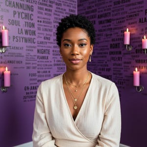 May include: A woman wearing a cream-colored wrap top and layered gold necklaces. She is in front of a purple wall with white text and lit pink candles in sconces. The woman has short, dark hair and is looking at the camera.