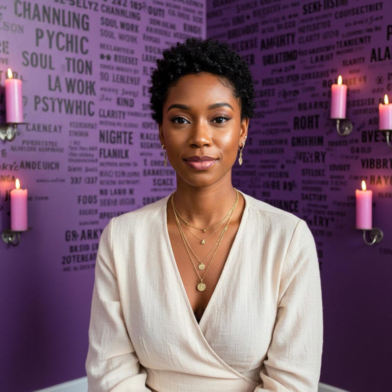 May include: A woman wearing a cream-colored wrap top and layered gold necklaces. She is in front of a purple wall with white text and lit pink candles in sconces. The woman has short, dark hair and is looking at the camera.