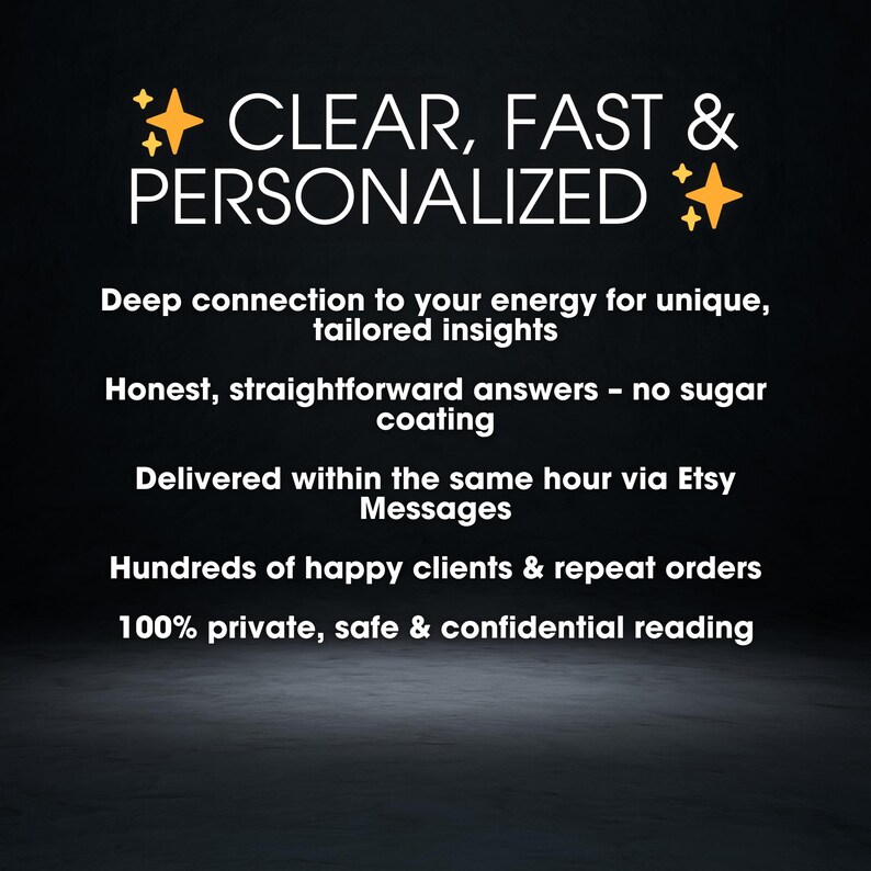 May include: A dark background with white text that reads "CLEAR, FAST & PERSONALIZED." Additional text describes unique insights, honest answers, same-hour delivery via Etsy Messages, and private readings.