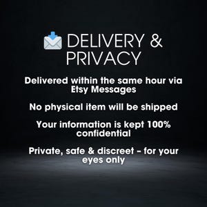 May include: A graphic with the words "DELIVERY & PRIVACY" and additional text. The text states that delivery is within the hour via Etsy Messages, no physical item is shipped, and information is kept confidential.